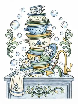 Tower Of Precarious Dirty Dishes – Funny Coloring Page