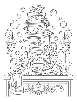 A funny coloring page of a towering stack of pots, cups, and plates in a bubbly kitchen sink.