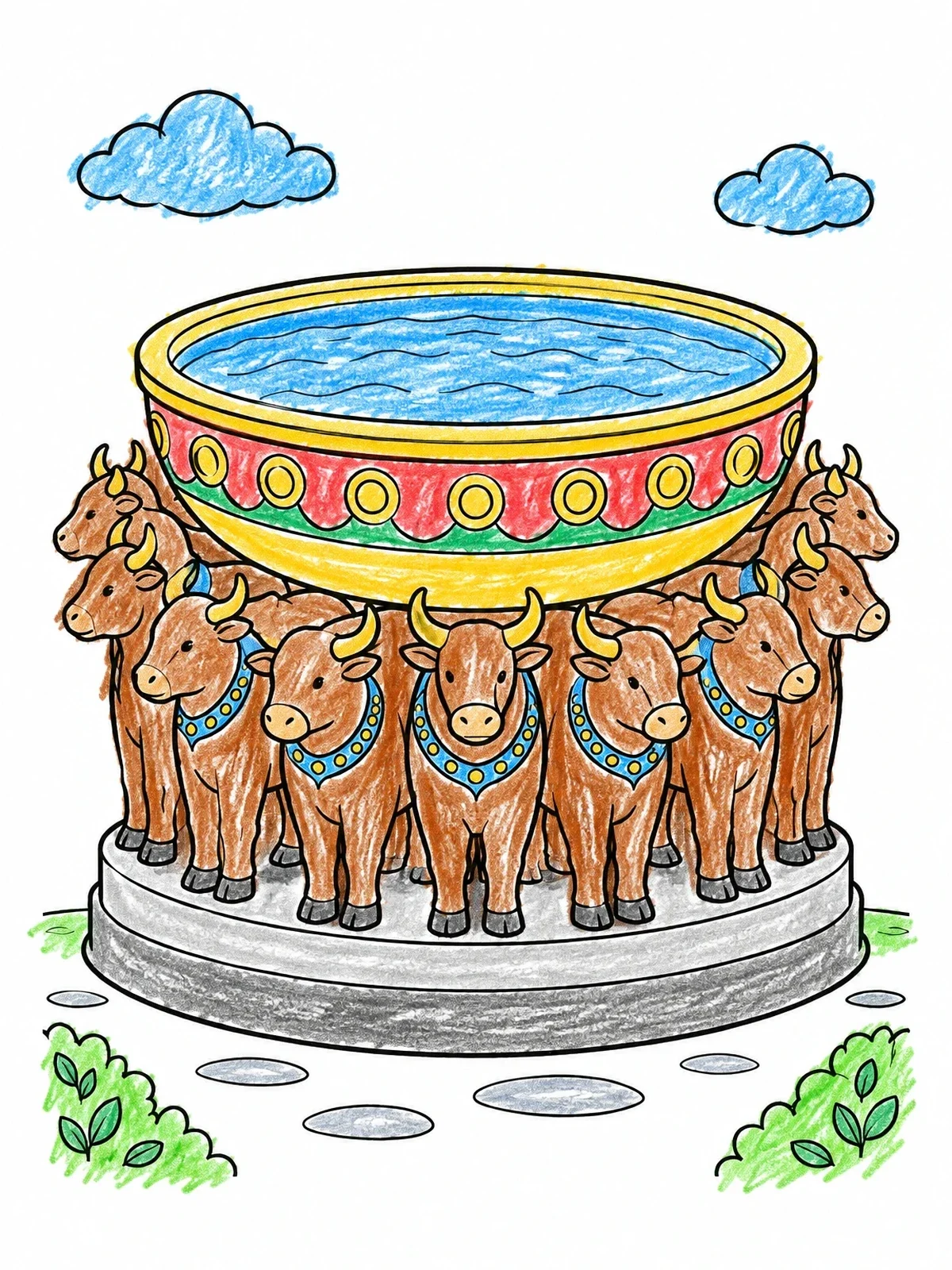 Colored example of the Carved Oxen Wash Basin Fountain coloring page