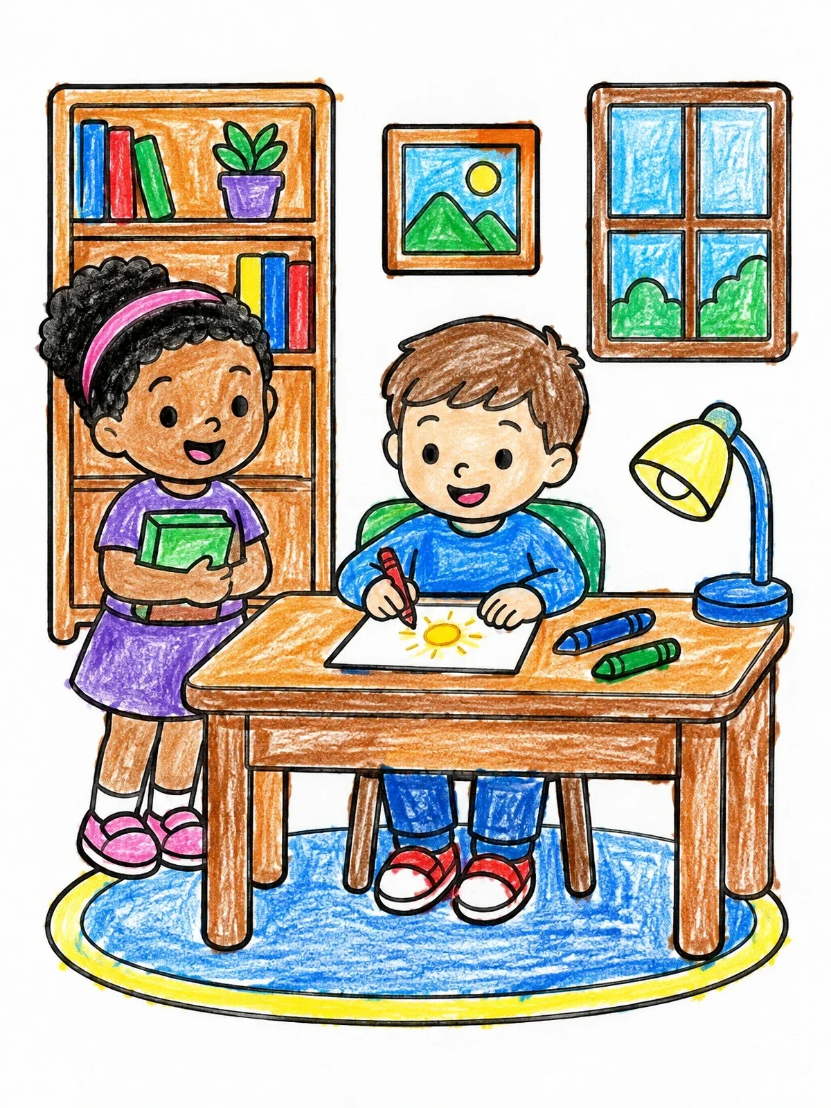 Colored example of the Children Drawing At The Study Desk coloring page