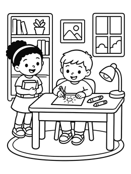 Free printable Children Drawing At The Study Desk coloring page