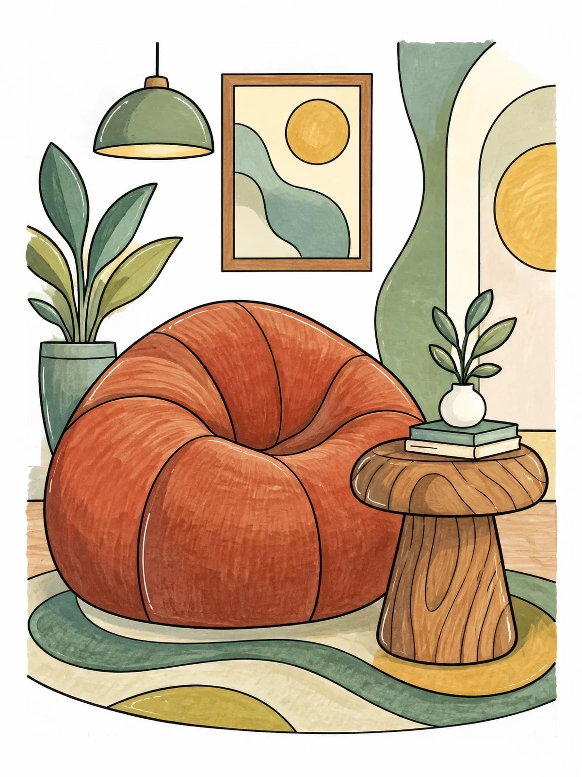 Colored example of the Cozy Beanbag And Wooden Side Stool coloring page