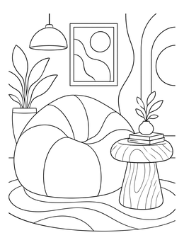 Modern beanbag and wooden stool in a stylish furniture coloring page.