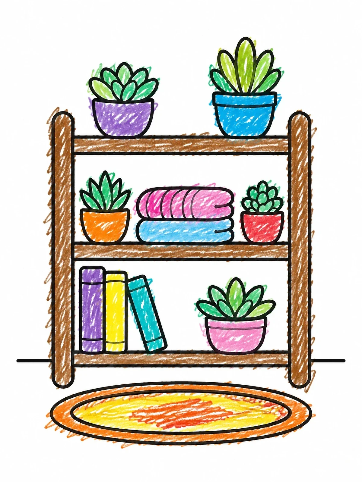 Colored example of the Cozy Bookshelf With Plants coloring page