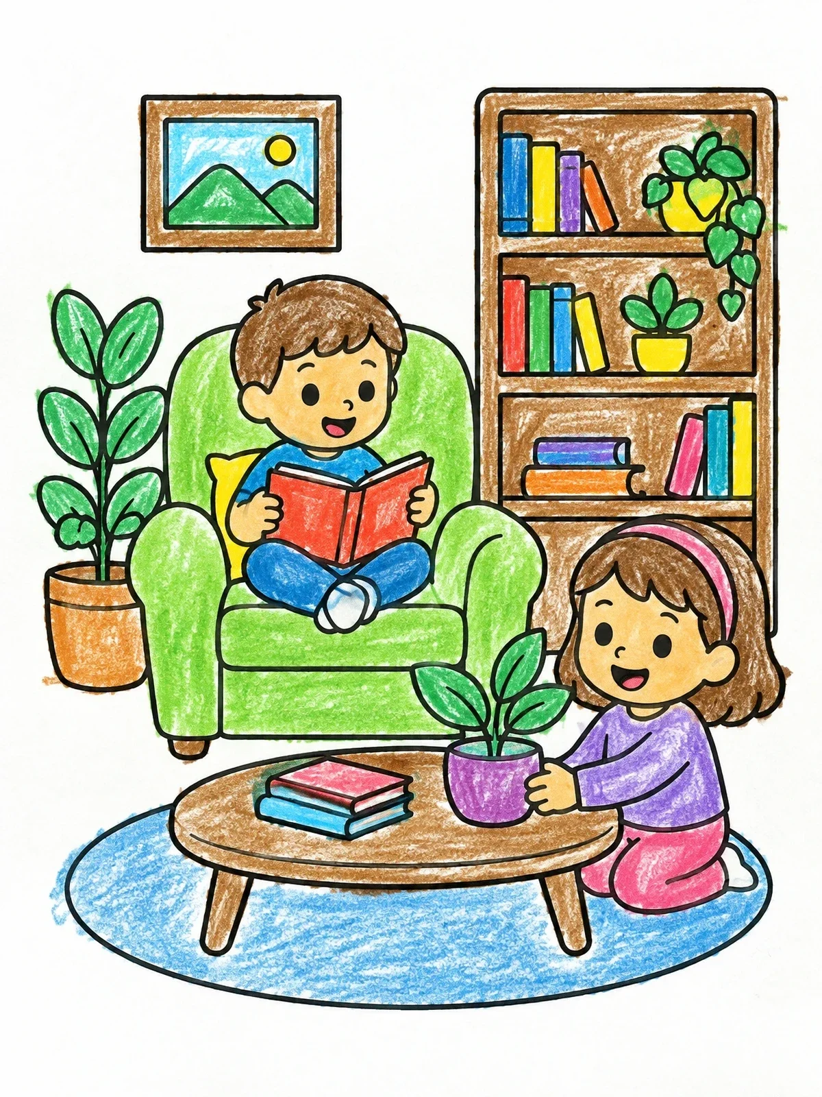 Colored example of the Cozy Living Room Reading Time coloring page