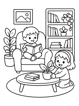 Free printable Cozy Living Room Reading Time coloring page