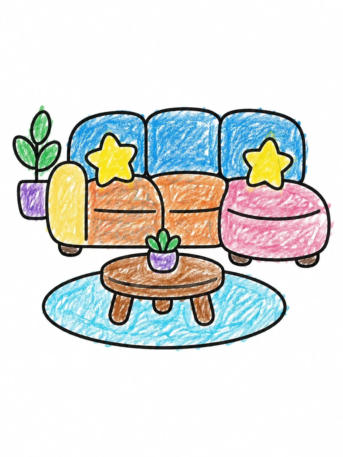 Colored example of the Cozy Living Room Sofa And Table coloring page