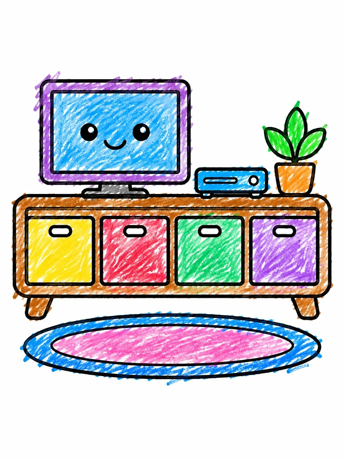 Colored example of the Cute Tv Console With Smiling Screen coloring page