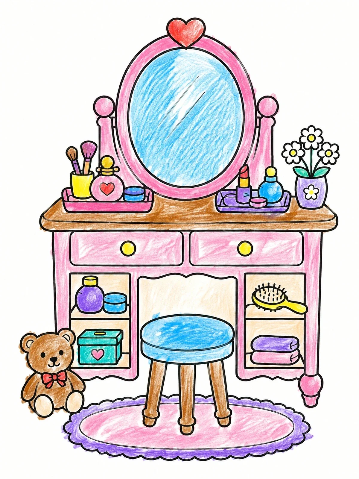 Colored example of the Cute Vanity Dressing Table With Stool coloring page