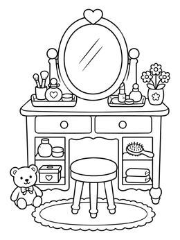 Free printable Cute Vanity Dressing Table With Stool coloring page