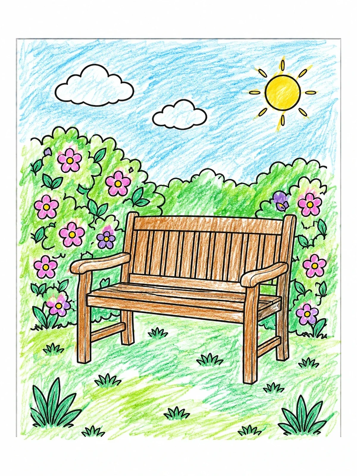 Colored example of the Garden Bench In Flower Garden coloring page