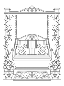 An ornate hanging porch swing bench featured on a furniture coloring page.