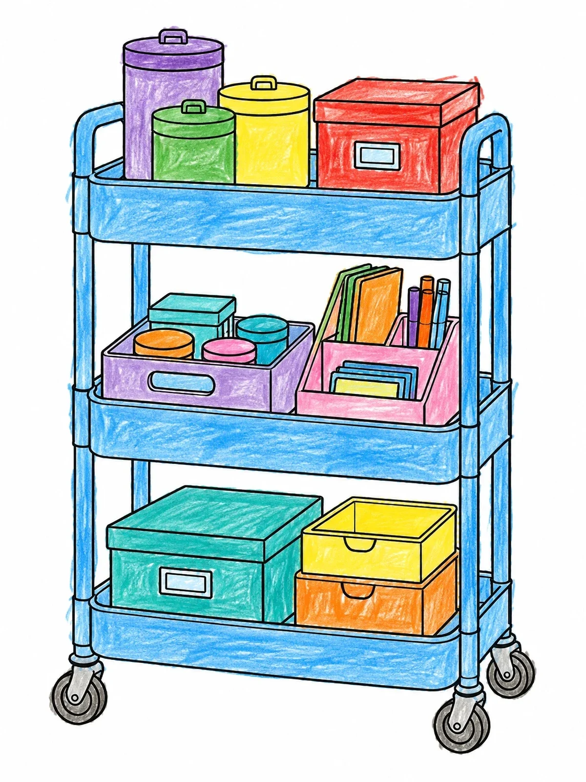 Colored example of the Organized Rolling Utility Cart coloring page