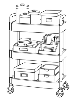 A three-tier rolling utility cart filled with storage boxes and jars in this furniture coloring page.