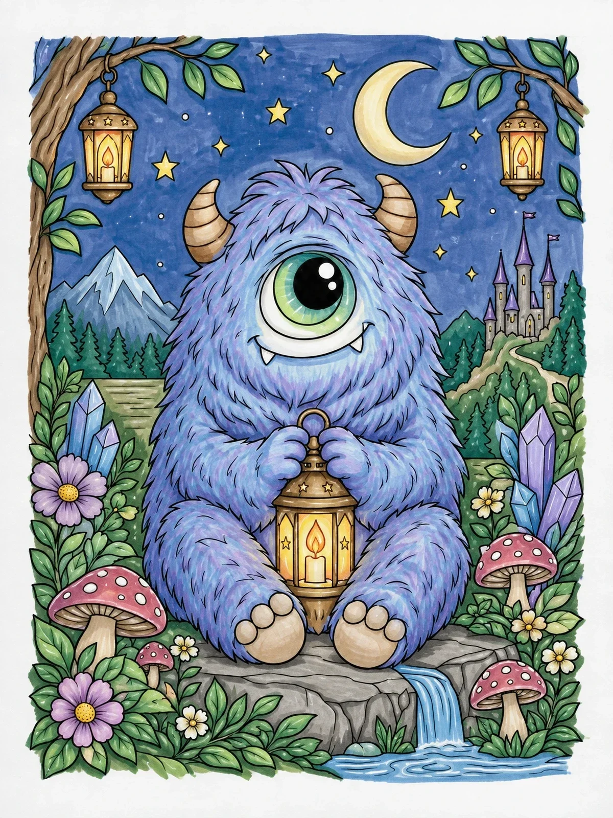 Colored example of the Furry Cyclops Monster With Lantern coloring page
