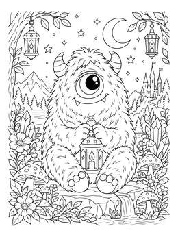 A friendly furry cyclops monster coloring page holding a lantern in a nighttime fairy forest.
