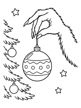 A furry hand holds a striped bauble in this ornament coloring page.