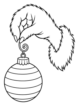 A furry hand holds a striped bauble in this festive ornament coloring page.