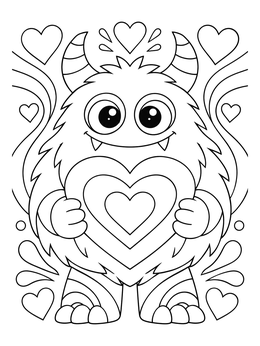 A sweet furry valentine monster coloring page holding a layered heart.