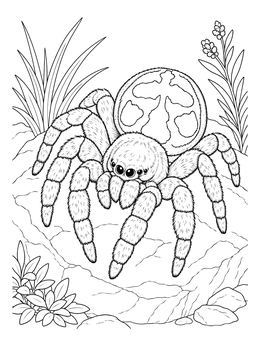 Detailed spider coloring page with a furry velvet spider resting outdoors on a rock.