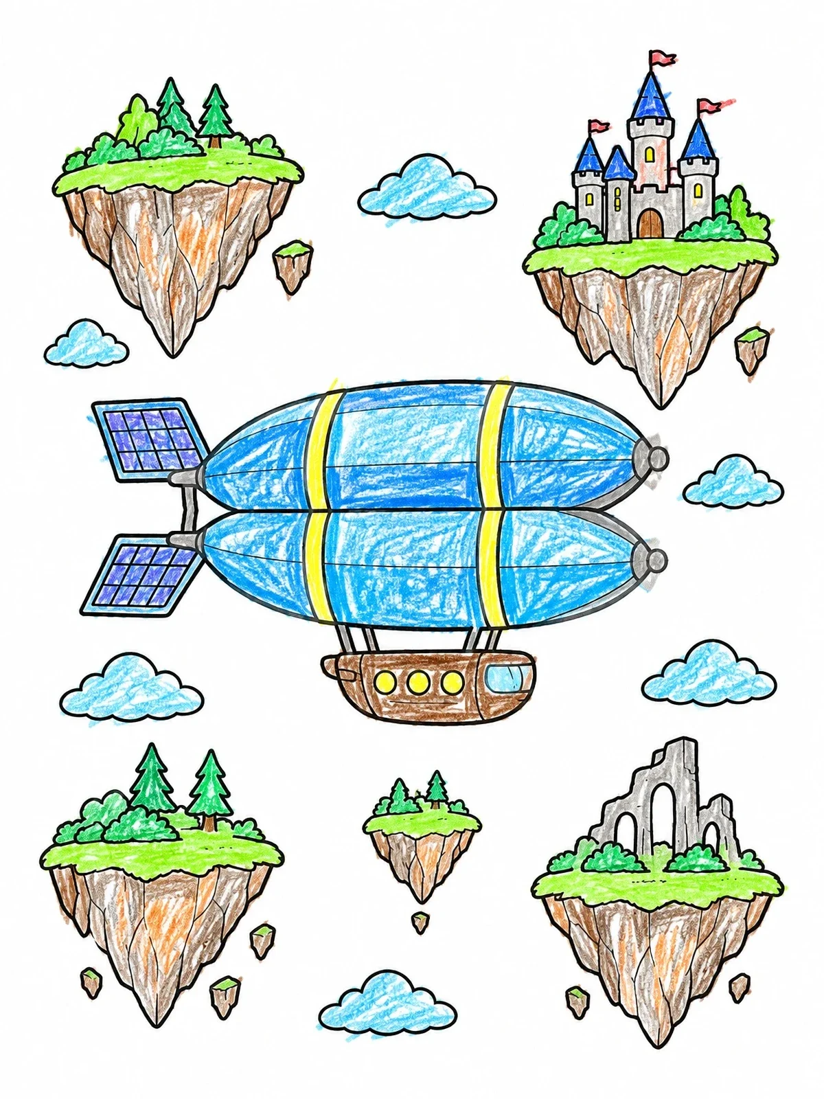 Colored example of the Futuristic Airship And Floating Islands coloring page