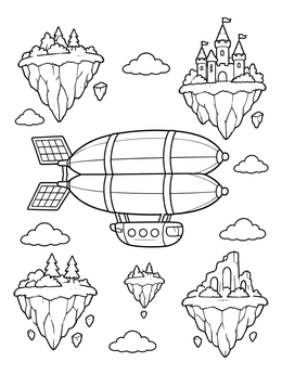 Free printable Futuristic Airship And Floating Islands coloring page