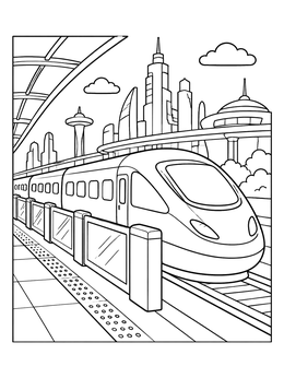 A sleek modern train coloring page arriving at an open station against a futuristic skyline.