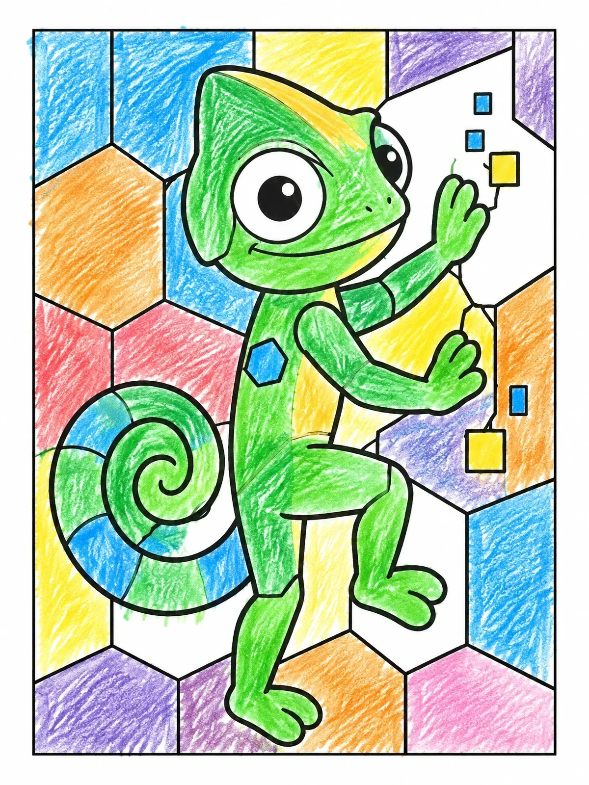 Colored example of the Futuristic Chameleon On Geometric Wall coloring page