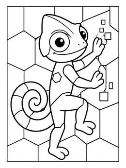 A friendly cartoon chameleon climbing a geometric wall in this chameleon coloring page.