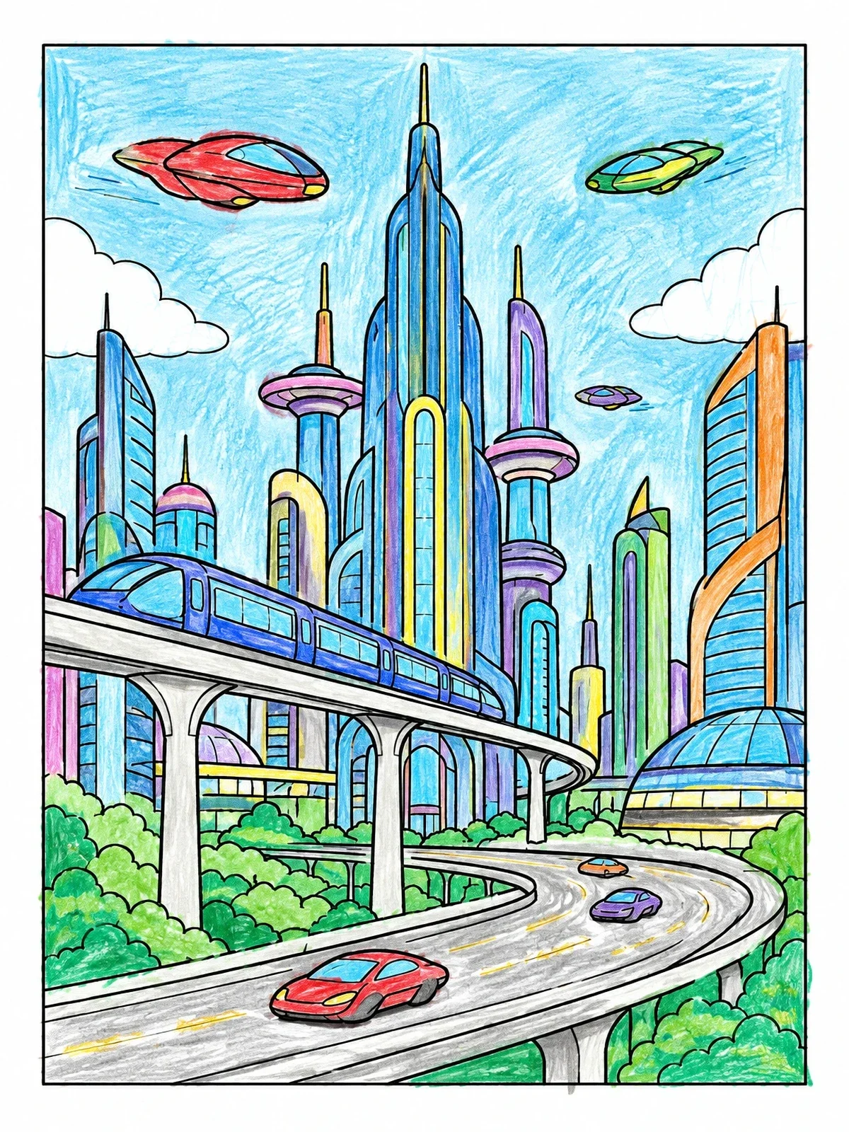 Colored example of the Futuristic City With Flying Vehicles coloring page