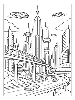Futuristic city coloring page with sleek skyscrapers, flying cars, and a monorail.