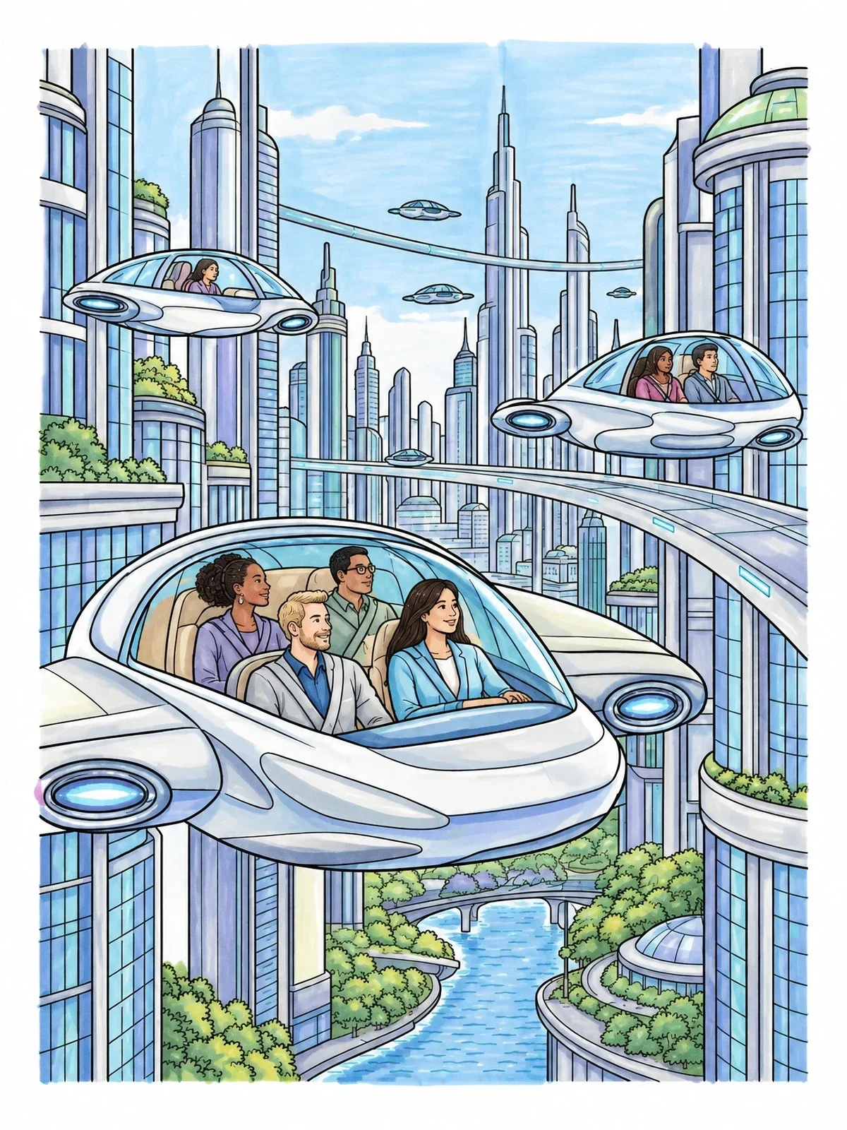 Colored example of the Futuristic Flying Cars Over Cityscape coloring page