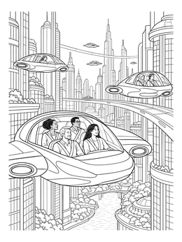 Passengers ride in flying vehicles above skyscrapers in this futuristic city coloring page.