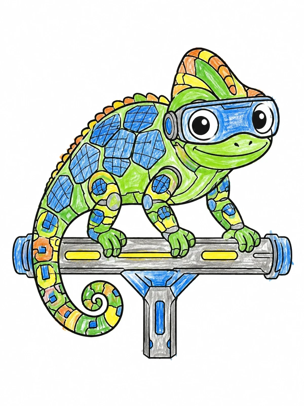 Colored example of the Futuristic Robot Chameleon Perched On Rail coloring page