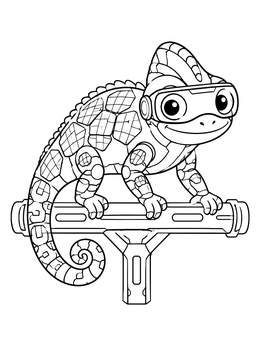 A cute robot chameleon coloring page with high-tech visor perched on a rail.
