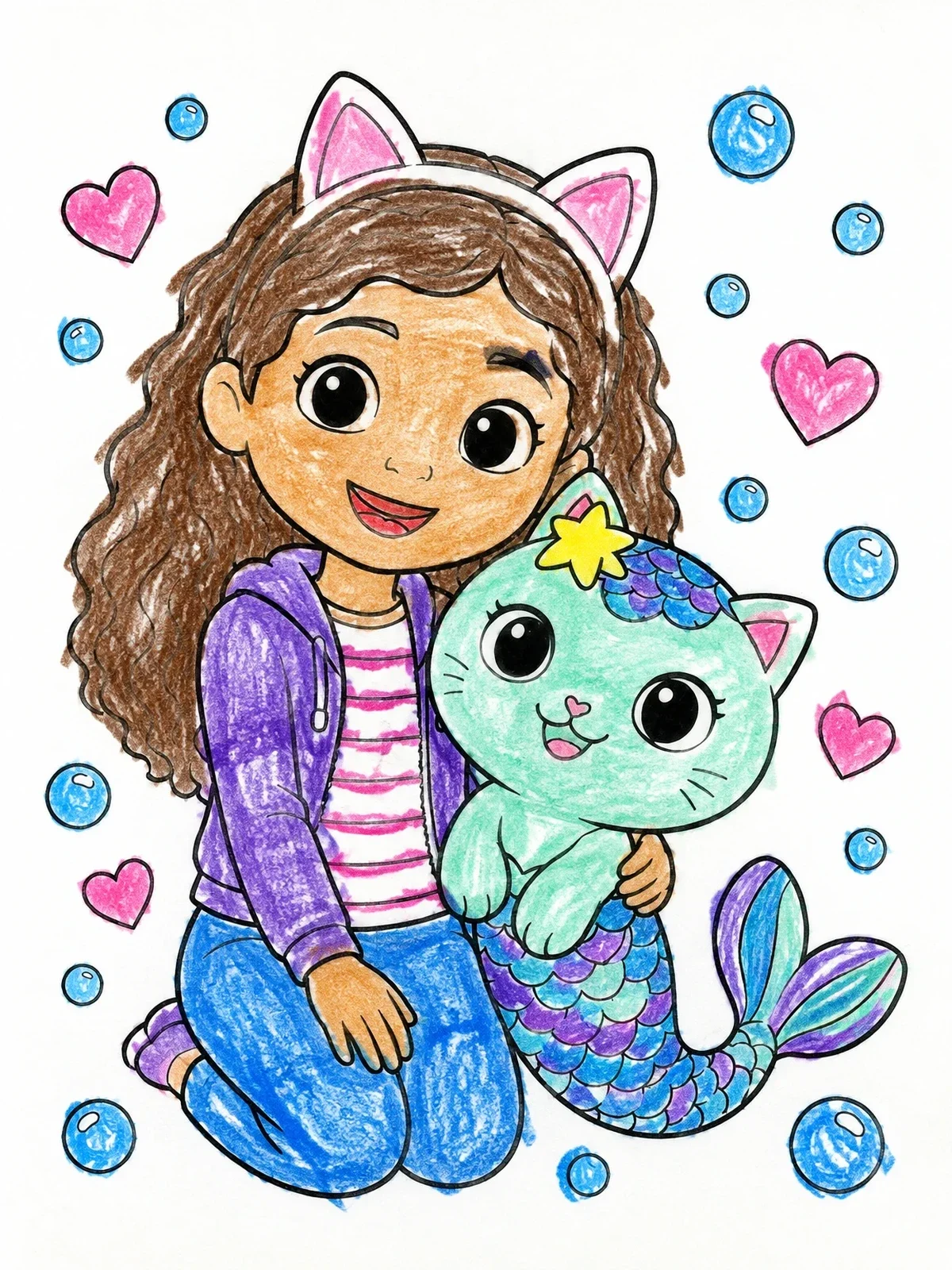 Colored example of the Gabby Hugging Cute Mercat coloring page