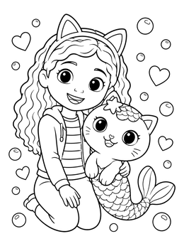 A cheerful girl with cat ears hugs a mermaid kitten on this mercat coloring page.