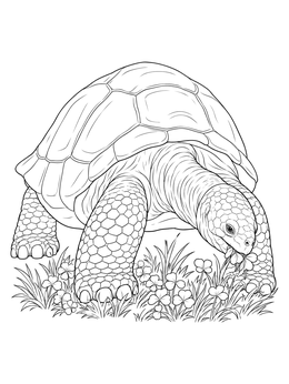 A detailed galapagos tortoise coloring page showing the giant reptile munching on clover leaves in a field.