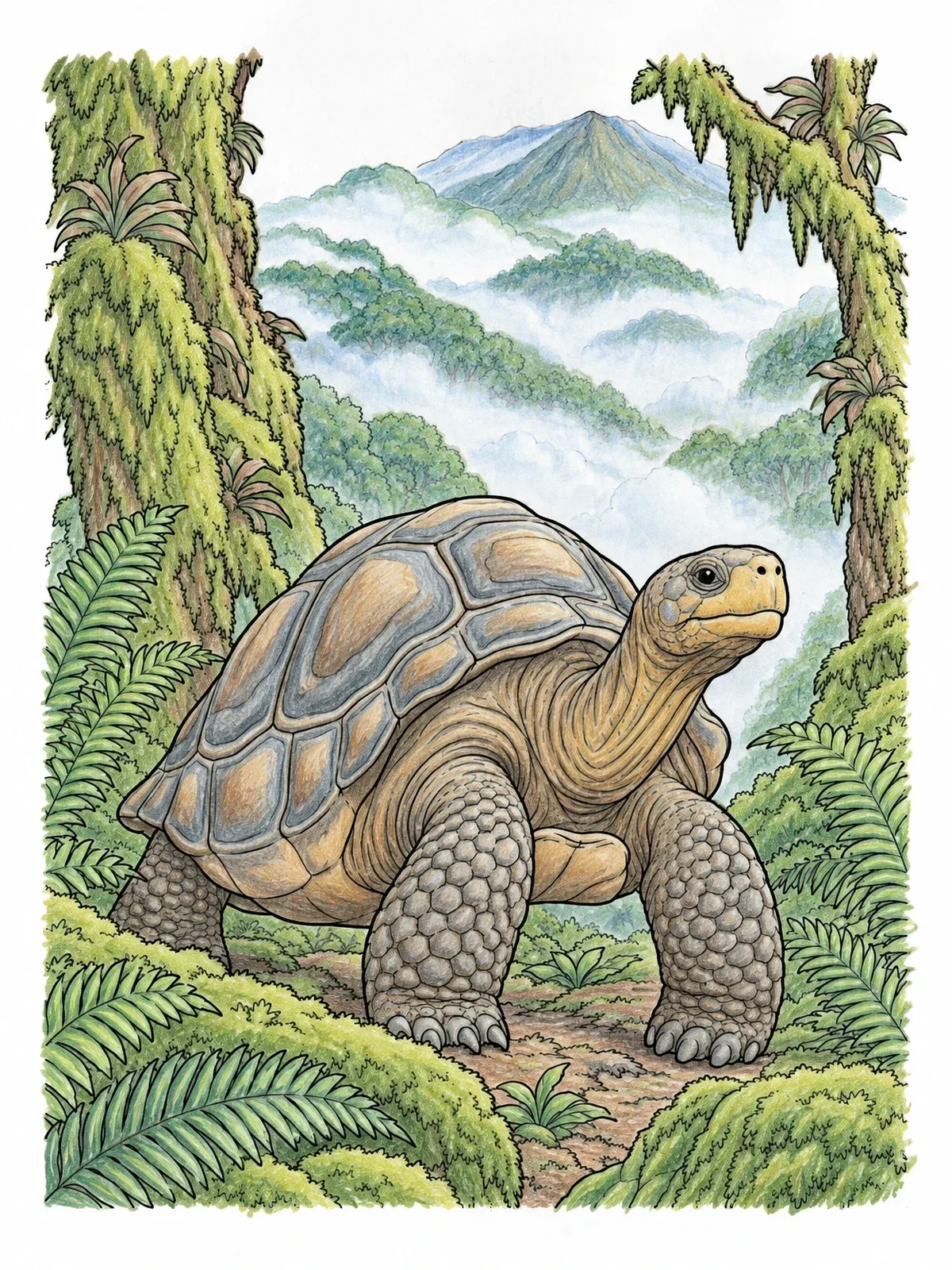 Colored example of the Galapagos Tortoise In Mountain Forest coloring page
