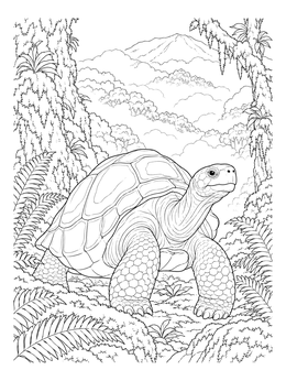 A detailed galapagos tortoise coloring page surrounded by lush ferns and misty mountain scenery.
