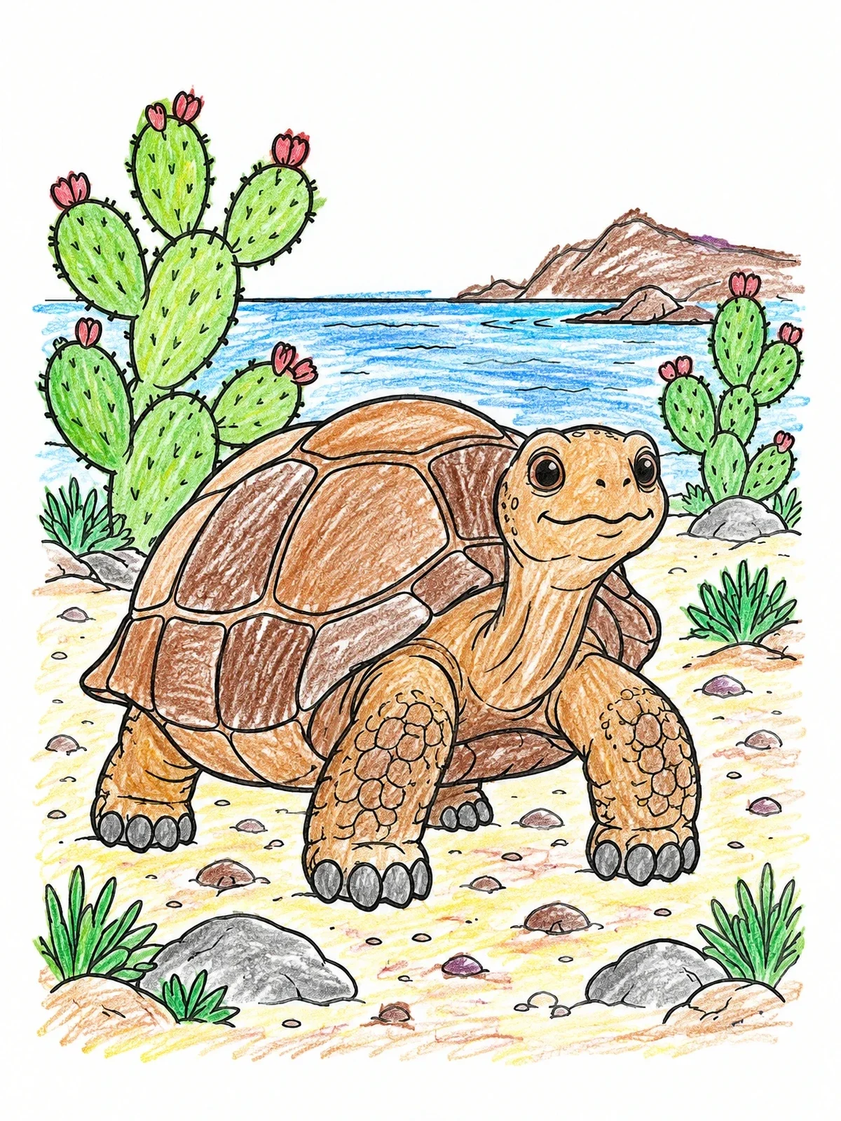 Colored example of the Cute Galapagos Tortoise In Desert coloring page
