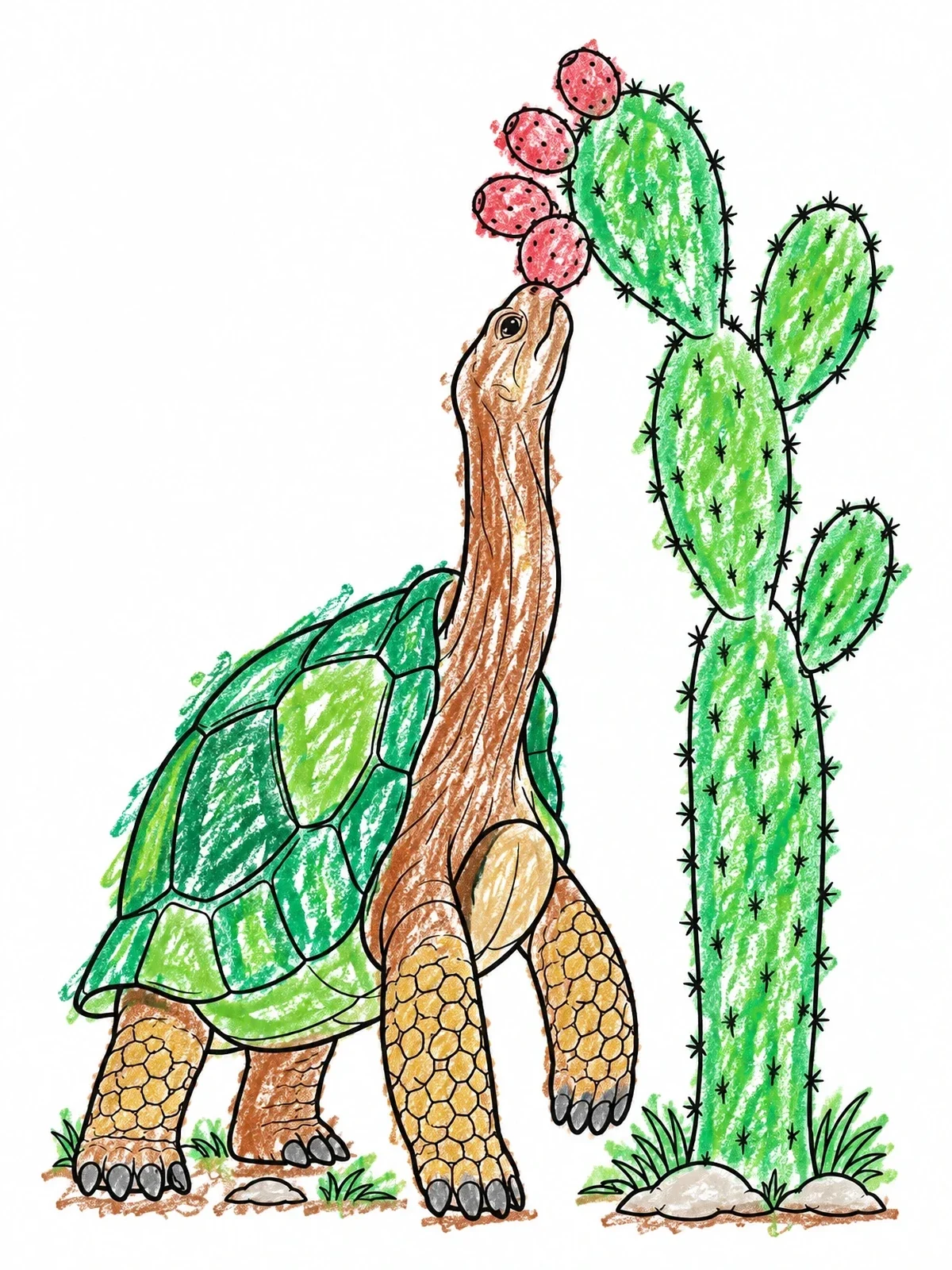 Colored example of the Galapagos Tortoise Reaching For Cactus coloring page