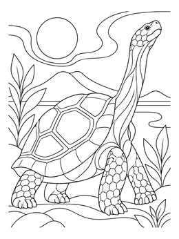 A galapagos tortoise coloring page showing the giant reptile stretching its long neck high in a desert landscape.