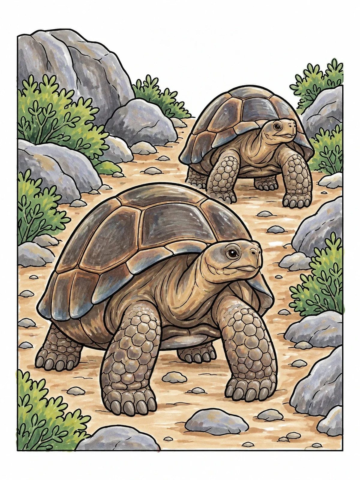 Colored example of the Two Giant Tortoises On Rocky Trail coloring page