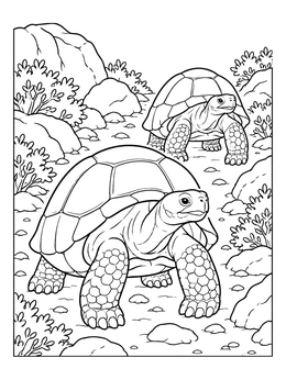 Two giant tortoises walk along a rocky path on this detailed galapagos tortoise coloring page.