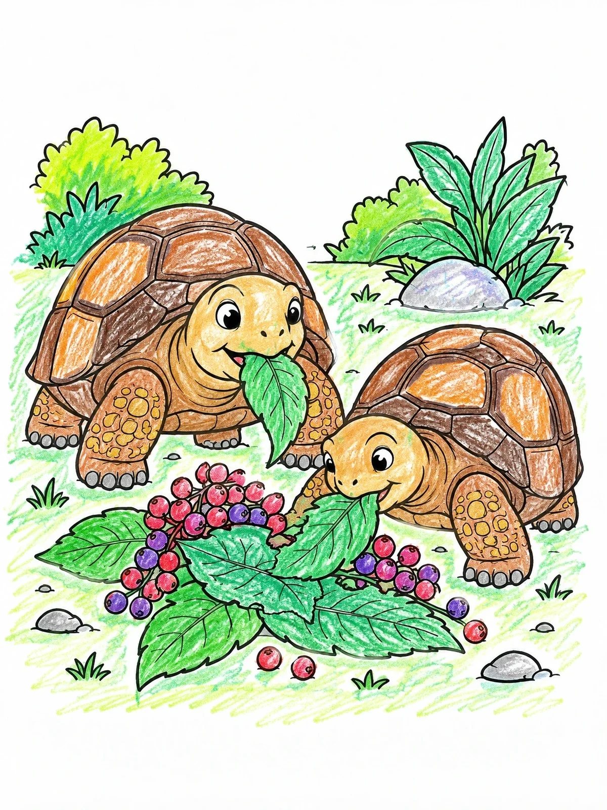 Colored example of the Two Tortoises Munching On Leaves coloring page