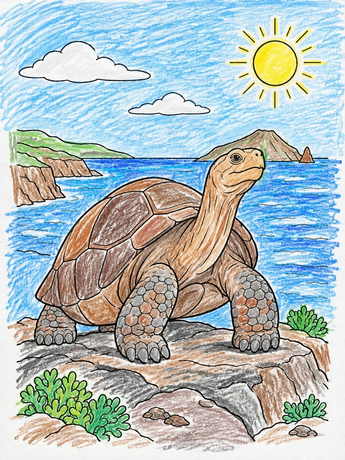 Colored example of the Galapagos Tortoise On Volcanic Coast coloring page