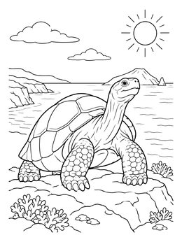 A galapagos tortoise coloring page featuring a giant tortoise standing on a cliff with the ocean and sun behind.