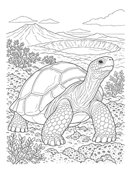 A detailed galapagos tortoise coloring page standing before a rugged volcanic crater and mountains.