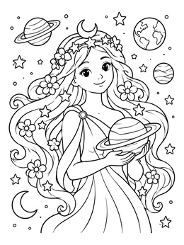Free printable Celestial Goddess Holding Ringed Planet coloring page